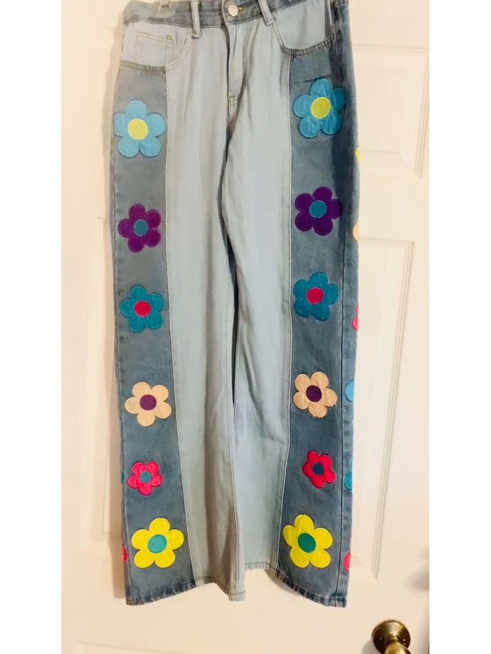 Fashion Lounge Blue Flower Hippie Embroidery Patchwork Flare High Waisted Jeans - Picture 6 of 16